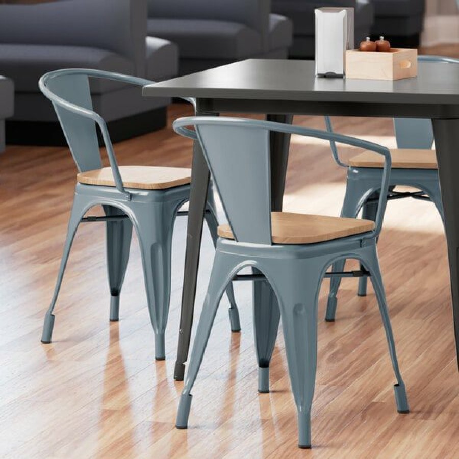 Restaurant Chairs * | Coupon Lt&S Alloy Series Lancaster Table & Seating Alloy Series Charcoal Metal Indoor Industrial Cafe Arm Chair With Natural Wood Seat