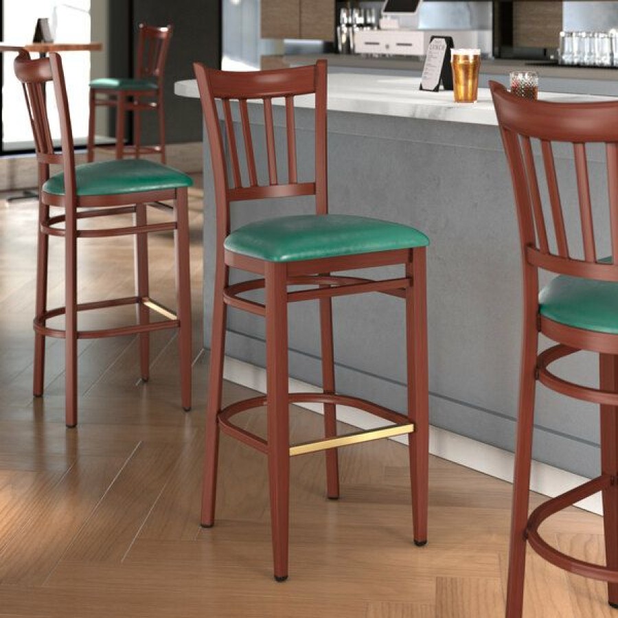 Restaurant Bar Stools * | New Lt&S Spartan Series Lancaster Table & Seating Spartan Series Bar Height Metal Slat Back Chair With Mahogany Wood Grain Finish And Green Vinyl Seat