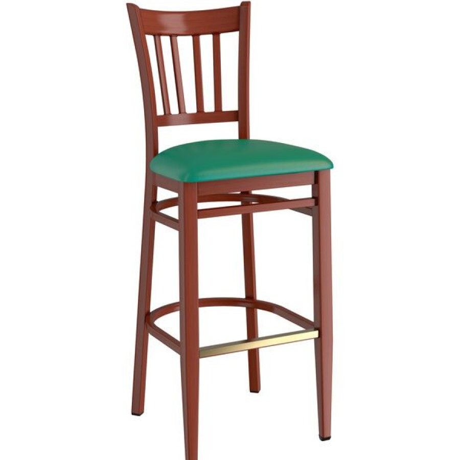 Restaurant Bar Stools * | New Lt&S Spartan Series Lancaster Table & Seating Spartan Series Bar Height Metal Slat Back Chair With Mahogany Wood Grain Finish And Green Vinyl Seat