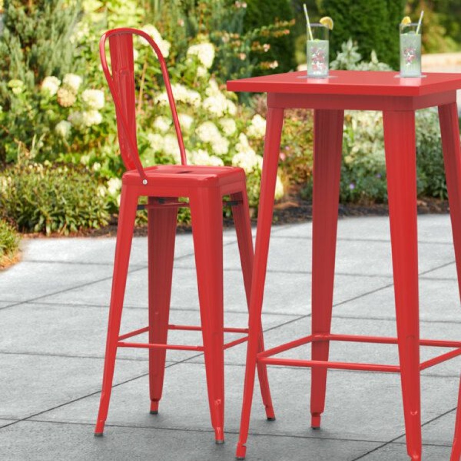 Outdoor Restaurant Bar Stools * | Wholesale Lt&S Alloy Series Lancaster Table & Seating Alloy Series Red Metal Indoor / Outdoor Industrial Cafe Barstool With Vertical Slat Back And Drain Hole Seat