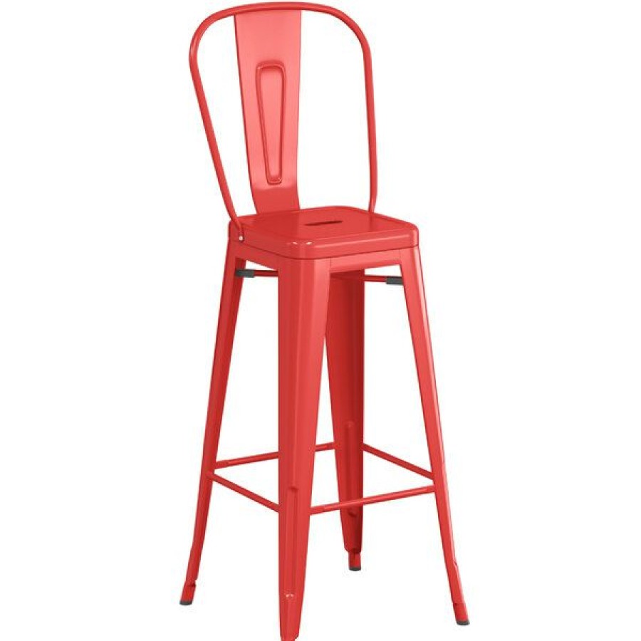 Outdoor Restaurant Bar Stools * | Wholesale Lt&S Alloy Series Lancaster Table & Seating Alloy Series Red Metal Indoor / Outdoor Industrial Cafe Barstool With Vertical Slat Back And Drain Hole Seat