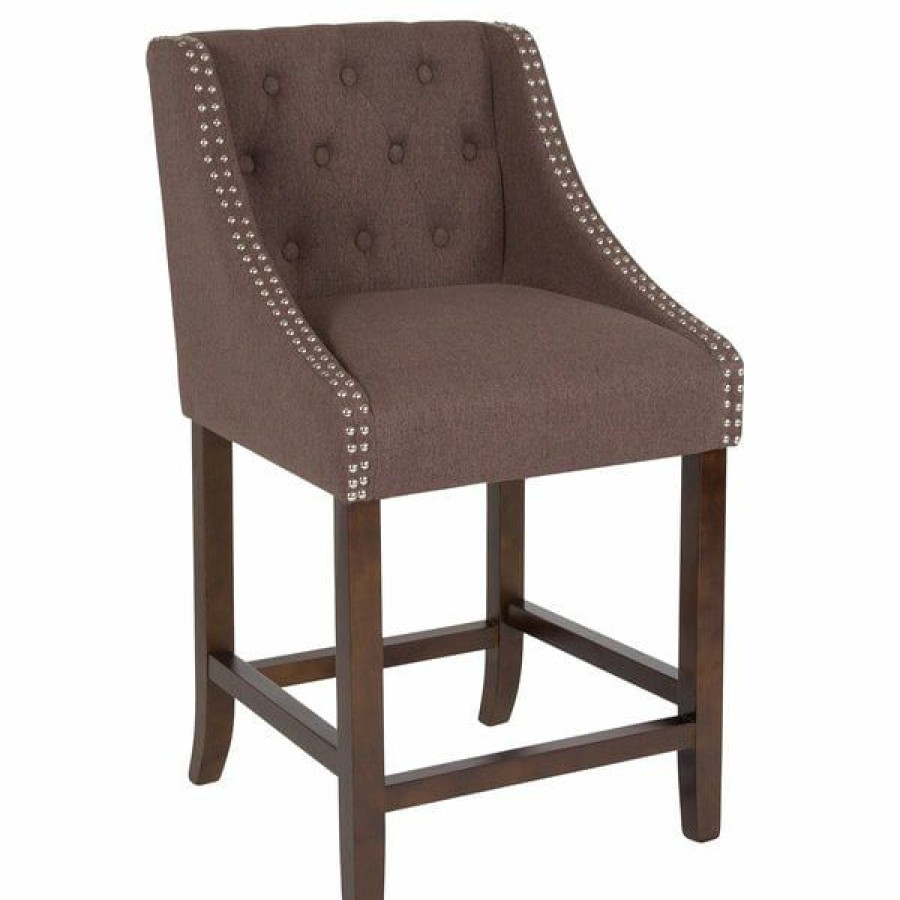 Restaurant Bar Stools * | Best Sale Flash Furniture Ch-182020-T-24-Bn-F-Gg Carmel Series Counter Height Stool In Brown Tufted Fabric With Walnut Frame And Nail Trim Accent