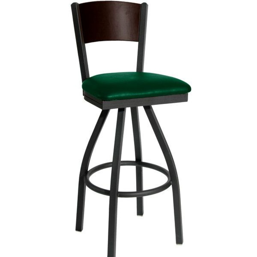 Restaurant Bar Stools * | Best Pirce Bfm Seating 2150Sgnv-Wasb Dale Sand Black Metal Swivel Bar Height Chair With Walnut Finish Wooden Back And 2 Green Vinyl Seat