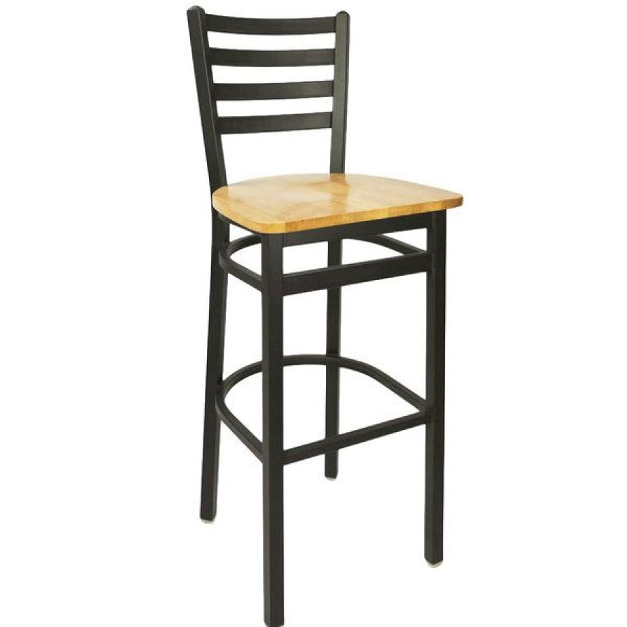 Restaurant Bar Stools * | New Bfm Seating 2160Bntw-Sb Lima Metal Ladder Back Barstool With Natural Wooden Seat