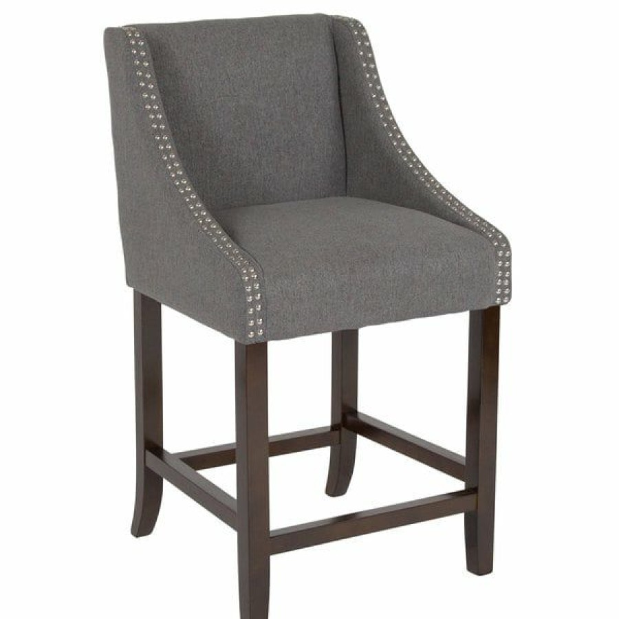 Restaurant Bar Stools * | Budget Flash Furniture Ch-182020-24-Dkgy-F-Gg Carmel Series Counter Height Stool In Dark Gray Fabric With Walnut Frame And Nail Trim Accent