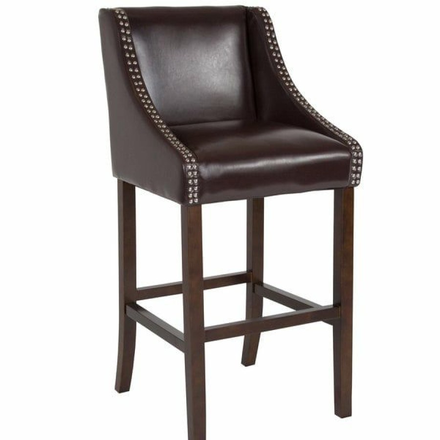 Restaurant Bar Stools * | Budget Flash Furniture Ch-182020-30-Bn-Gg Carmel Series Brown Leather Bar Stool With Walnut Frame And Nail Trim Accent