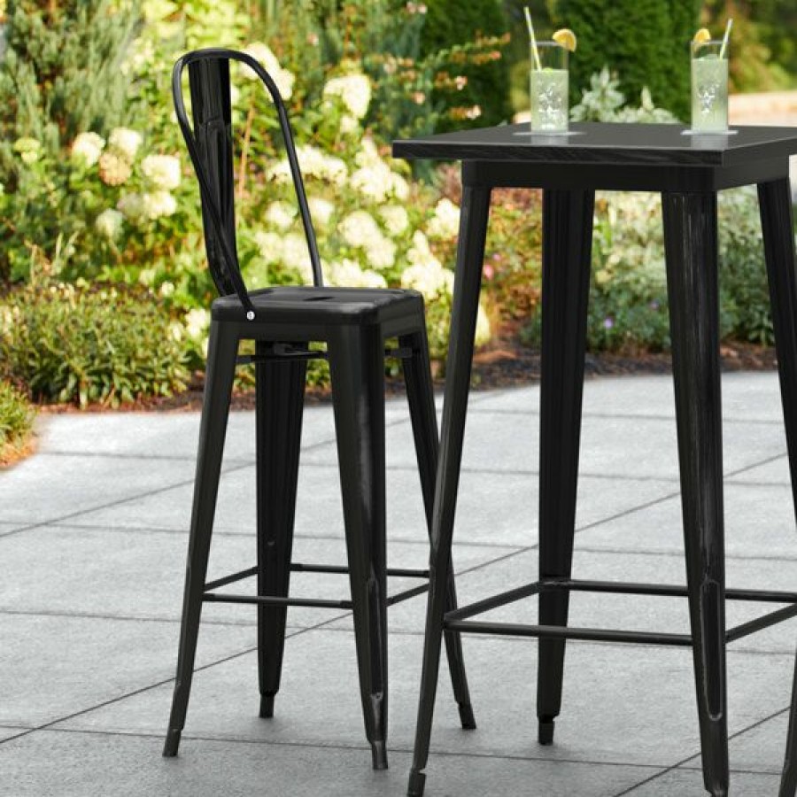 Outdoor Restaurant Bar Stools * | Discount Lt&S Alloy Series Lancaster Table & Seating Alloy Series Distressed Black Metal Indoor / Outdoor Industrial Cafe Barstool With Vertical Slat Back And Drain Hole Seat