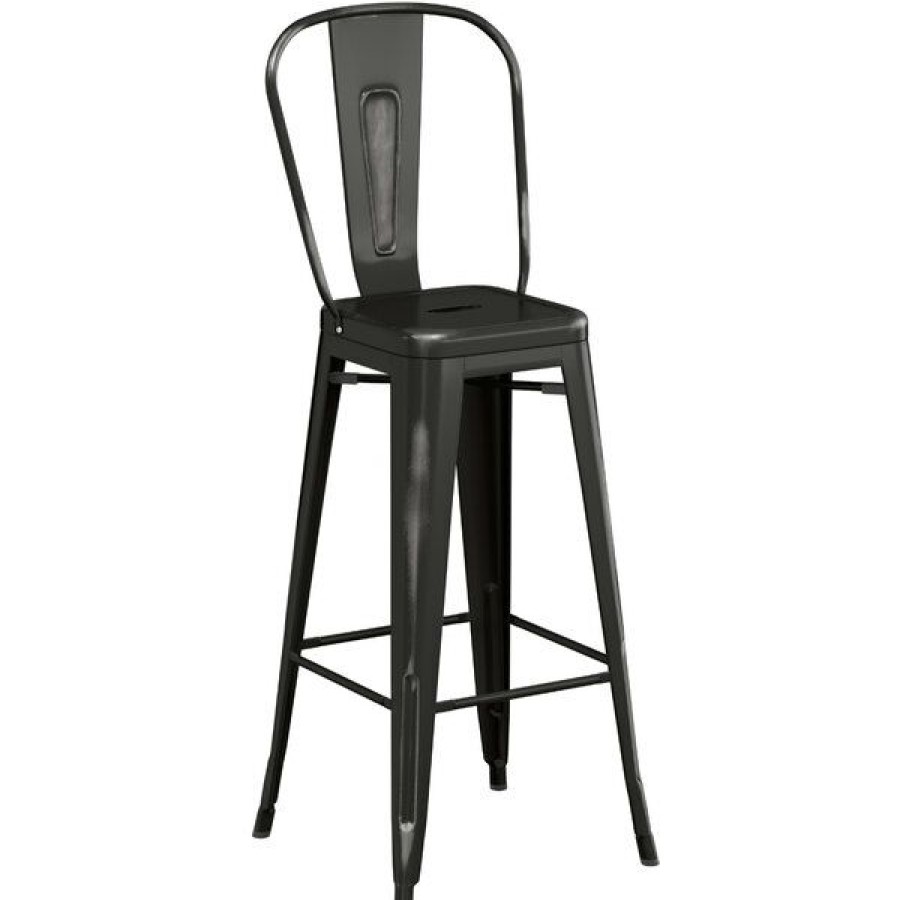 Outdoor Restaurant Bar Stools * | Discount Lt&S Alloy Series Lancaster Table & Seating Alloy Series Distressed Black Metal Indoor / Outdoor Industrial Cafe Barstool With Vertical Slat Back And Drain Hole Seat