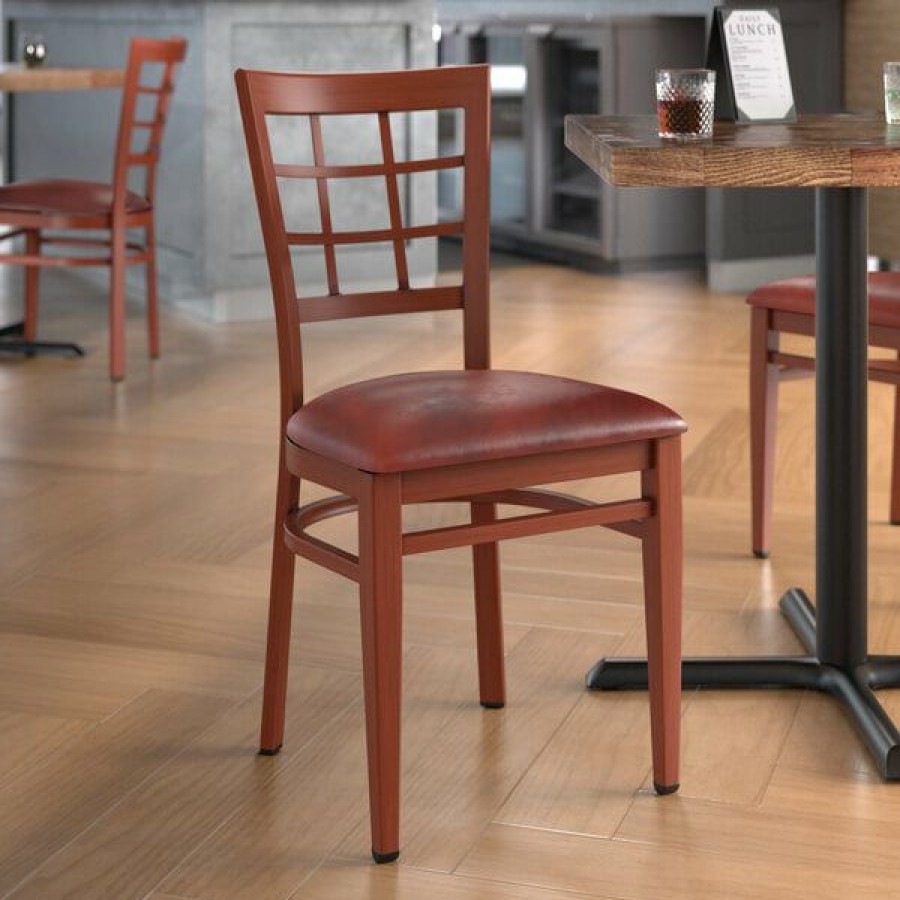 Restaurant Chairs * | Best Reviews Of Lt&S Spartan Series Lancaster Table & Seating Spartan Series Metal Window Back Chair With Mahogany Wood Grain Finish And Burgundy Vinyl Seat