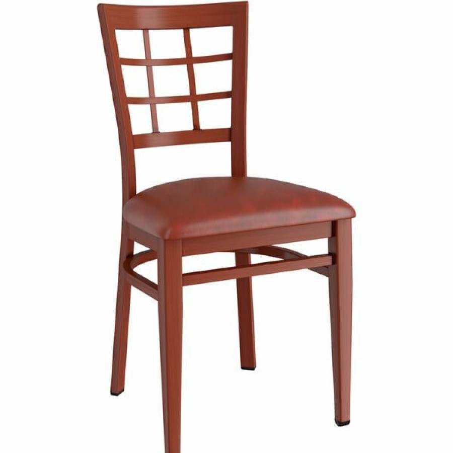 Restaurant Chairs * | Best Reviews Of Lt&S Spartan Series Lancaster Table & Seating Spartan Series Metal Window Back Chair With Mahogany Wood Grain Finish And Burgundy Vinyl Seat