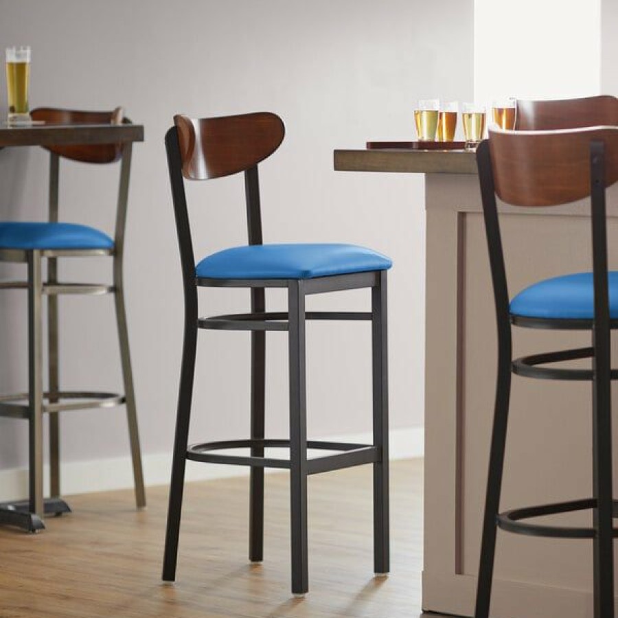 Restaurant Bar Stools * | Cheapest Lt&S Boomerang Series Lancaster Table & Seating Boomerang Bar Height Black Chair With Blue Vinyl Seat And Antique Walnut Back