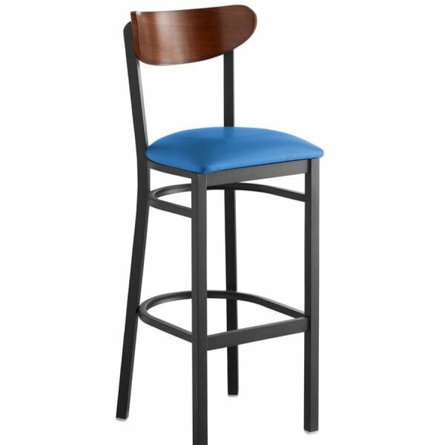 Restaurant Bar Stools * | Cheapest Lt&S Boomerang Series Lancaster Table & Seating Boomerang Bar Height Black Chair With Blue Vinyl Seat And Antique Walnut Back