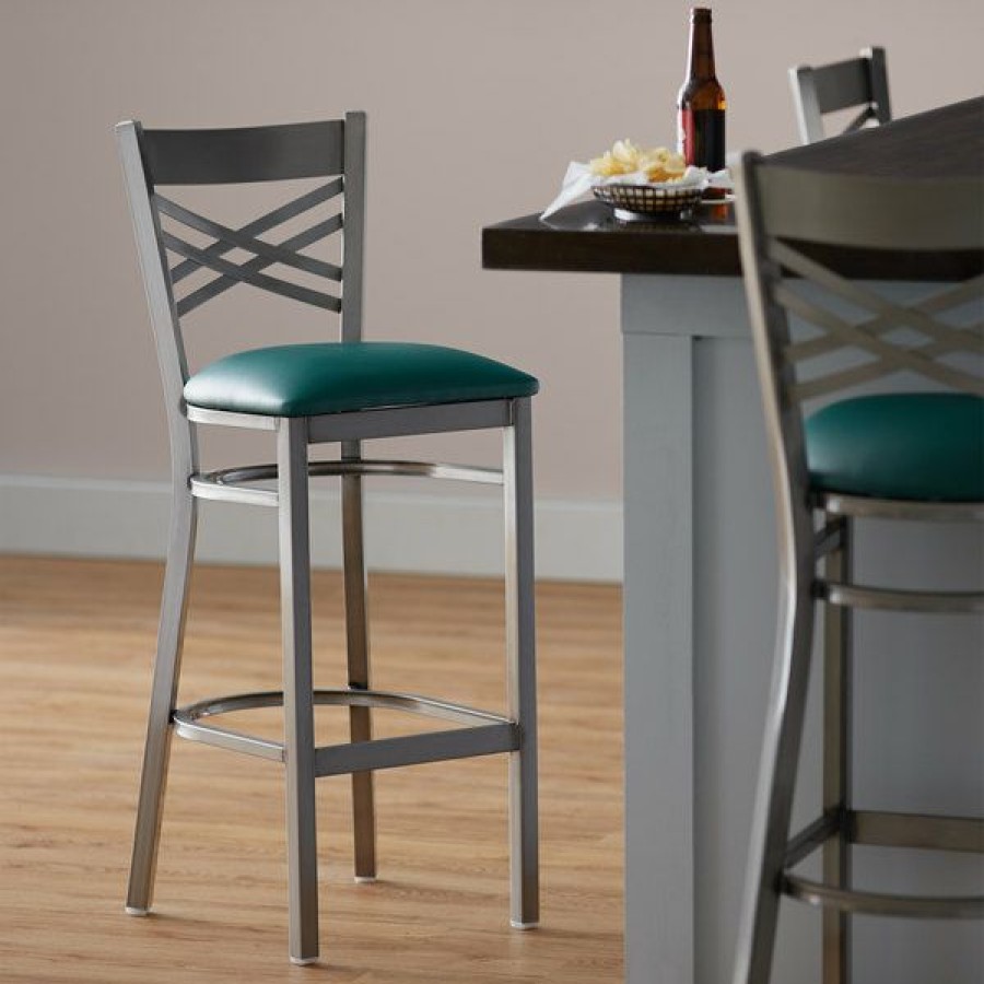 Restaurant Bar Stools * | Best Sale Lancaster Table & Seating Clear Coat Steel Cross Back Bar Height Chair With 2 1/2 Green Vinyl Seat