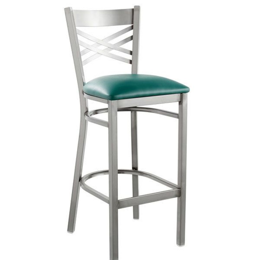 Restaurant Bar Stools * | Best Sale Lancaster Table & Seating Clear Coat Steel Cross Back Bar Height Chair With 2 1/2 Green Vinyl Seat