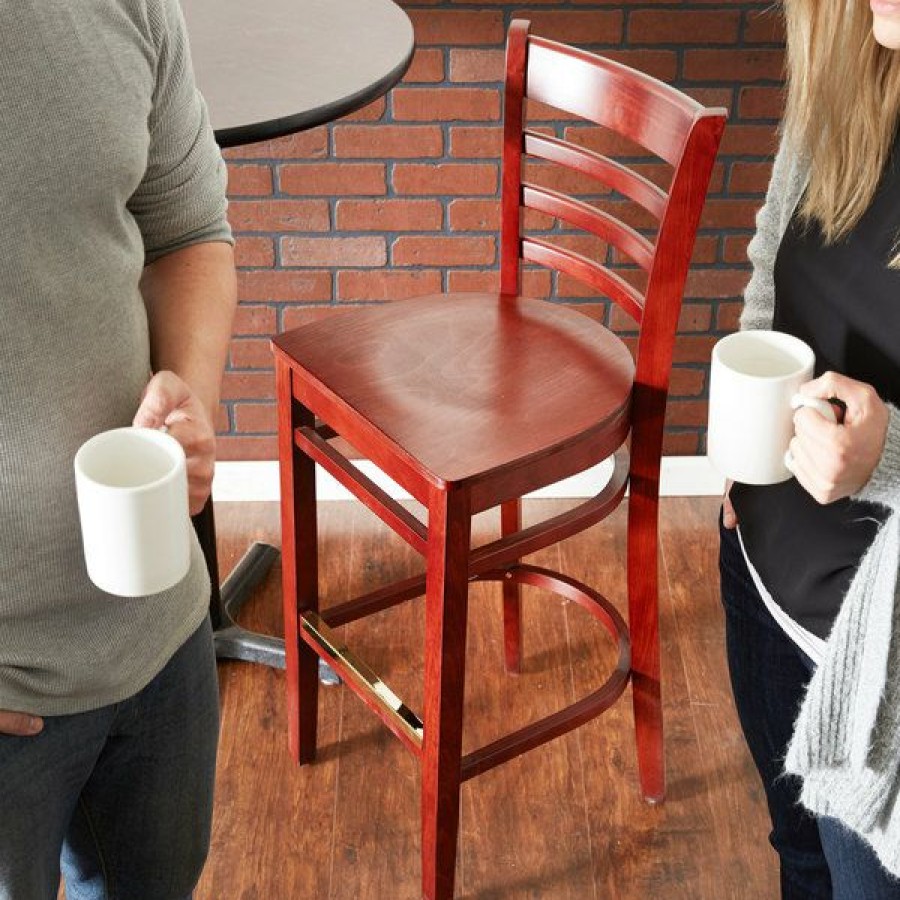 Restaurant Bar Stools * | Deals Lancaster Table & Seating Mahogany Finish Wooden Ladder Back Bar Height Chair