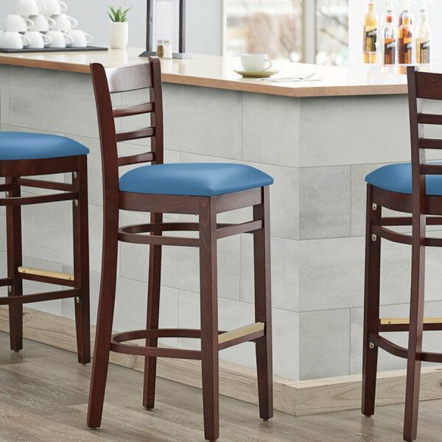 Restaurant Bar Stools * | Buy Lancaster Table & Seating Mahogany Finish Wooden Ladder Back Bar Height Chair With Blue Padded Seat