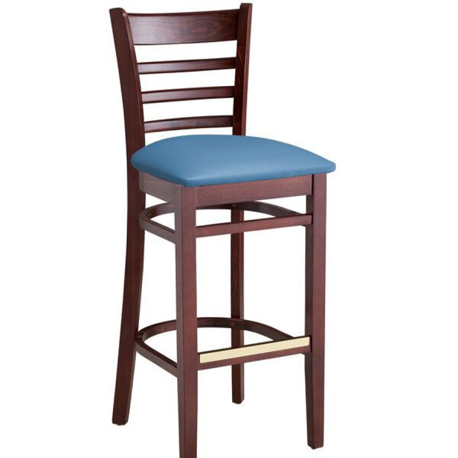 Restaurant Bar Stools * | Buy Lancaster Table & Seating Mahogany Finish Wooden Ladder Back Bar Height Chair With Blue Padded Seat