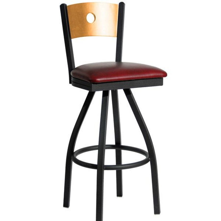 Restaurant Bar Stools * | Outlet Bfm Seating 2152Sbuv-Ntsb Darby Sand Black Metal Bar Height Chair With Natural Wooden Back And 2 Burgundy Vinyl Swivel Seat