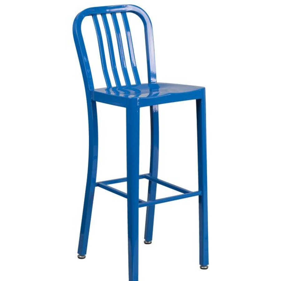 Outdoor Restaurant Bar Stools * | Best Sale Flash Furniture Ch-61200-30-Bl-Gg 30 Blue Metal Indoor / Outdoor Bar Height Stool With Vertical Slat Back