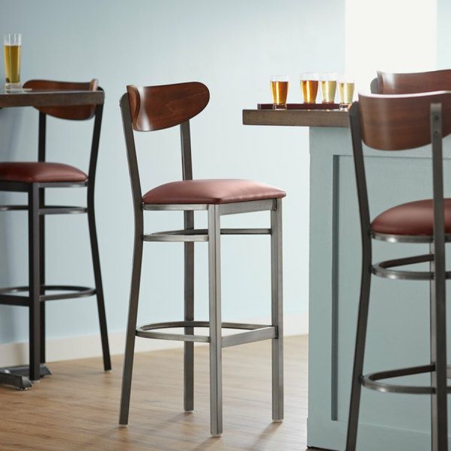 Restaurant Bar Stools * | Brand New Lt&S Boomerang Series Lancaster Table & Seating Boomerang Bar Height Clear Coat Chair With Burgundy Vinyl Seat And Antique Walnut Back