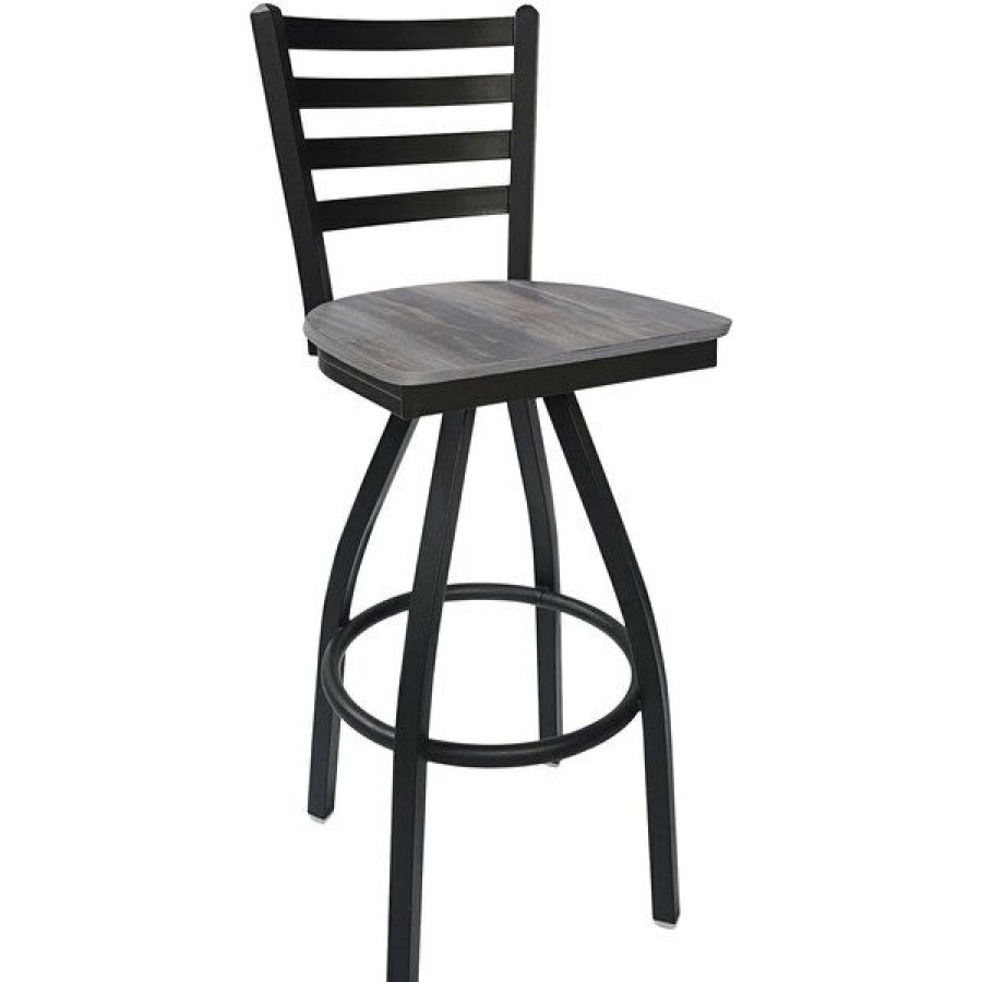 Restaurant Bar Stools * | Cheap Bfm Seating Lima Sand Black Steel Swivel Barstool With Relic Chestnut Seat