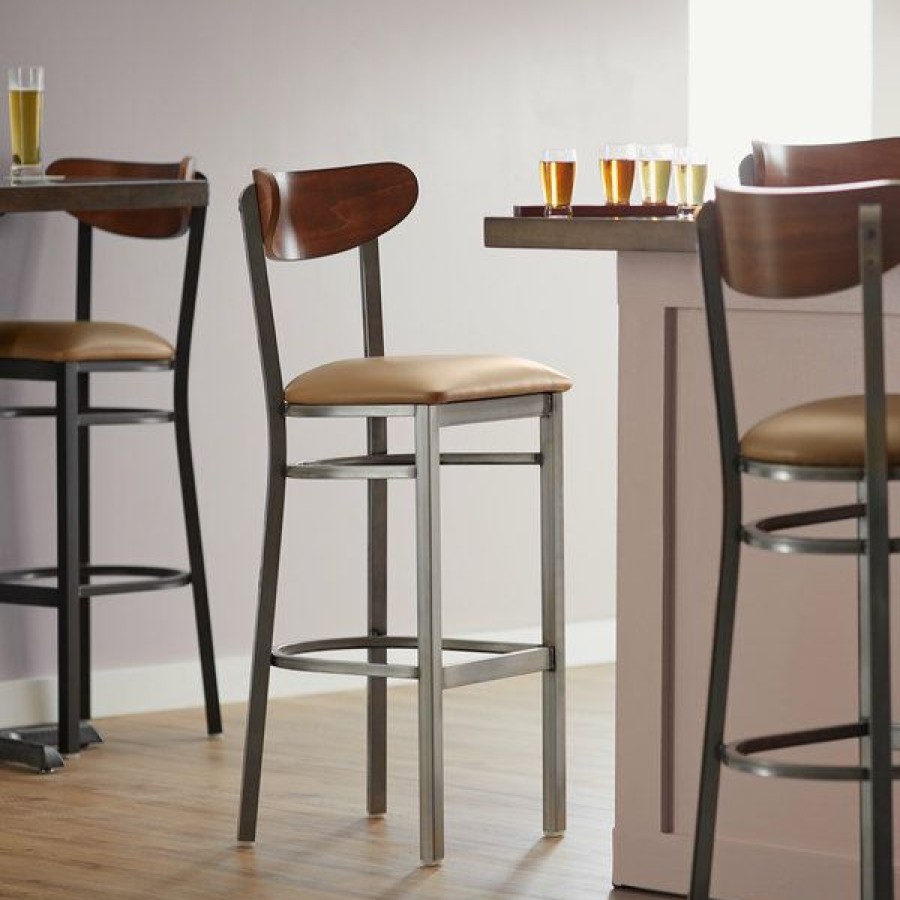 Restaurant Bar Stools * | Budget Lt&S Boomerang Series Lancaster Table & Seating Boomerang Bar Height Clear Coat Chair With Light Brown Vinyl Seat And Antique Walnut Back