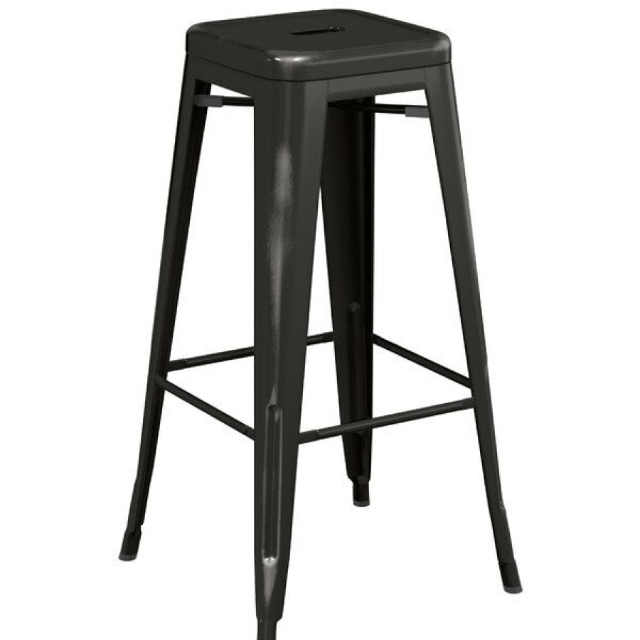 Outdoor Restaurant Bar Stools * | Brand New Lt&S Alloy Series Lancaster Table & Seating Alloy Series Distressed Black Stackable Metal Indoor / Outdoor Industrial Barstool With Drain Hole Seat