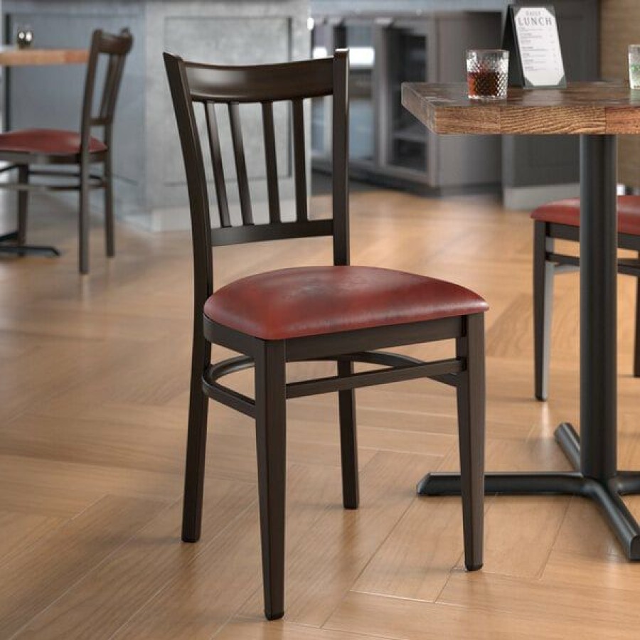 Restaurant Chairs * | Outlet Lt&S Spartan Series Lancaster Table & Seating Spartan Series Metal Slat Back Chair With Walnut Wood Grain Finish And Burgundy Vinyl Seat