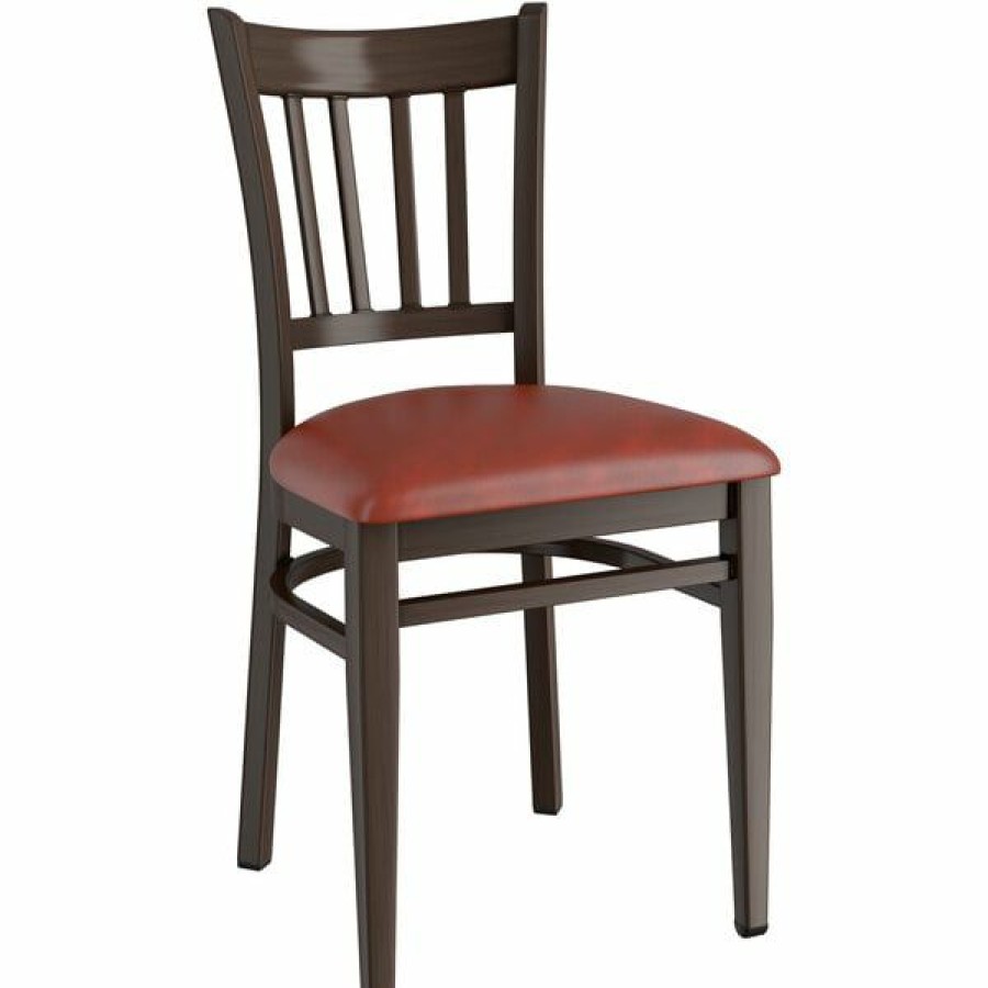 Restaurant Chairs * | Outlet Lt&S Spartan Series Lancaster Table & Seating Spartan Series Metal Slat Back Chair With Walnut Wood Grain Finish And Burgundy Vinyl Seat