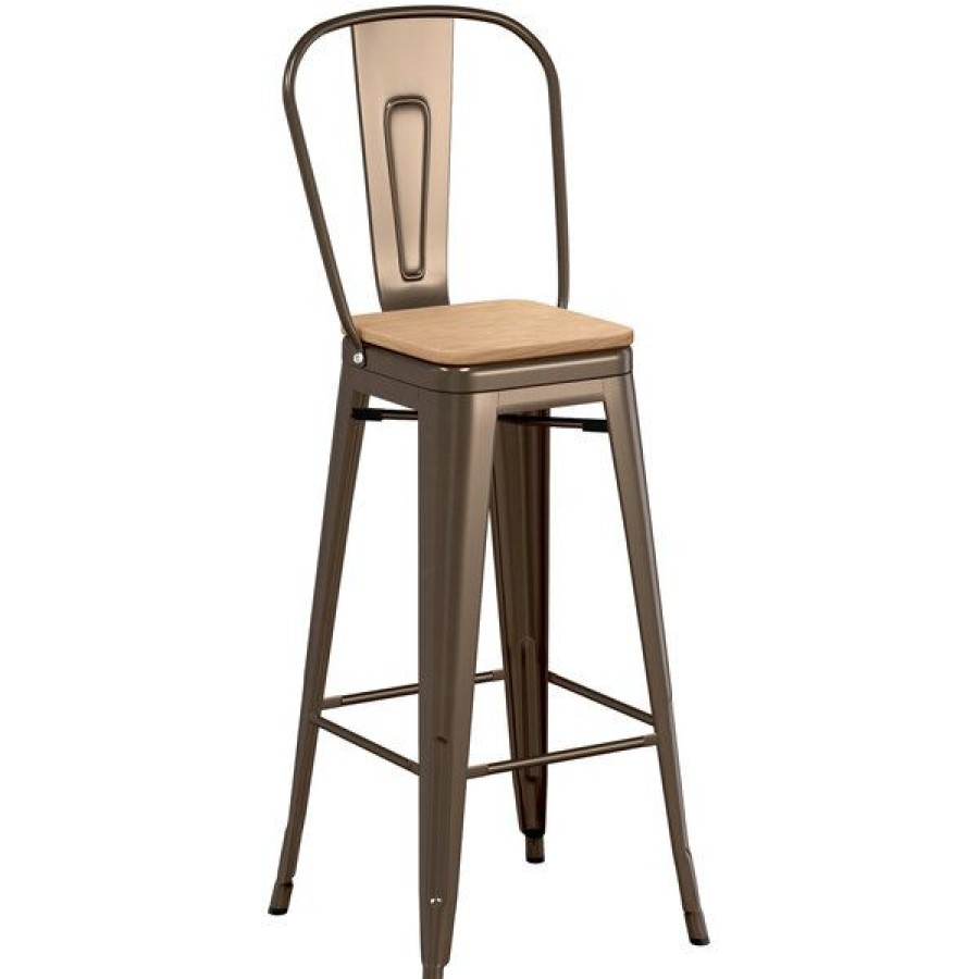 Restaurant Bar Stools * | Top 10 Lt&S Alloy Series Lancaster Table & Seating Alloy Series Copper Metal Indoor Industrial Cafe Bar Height Stool With Vertical Slat Back And Natural Wood Seat