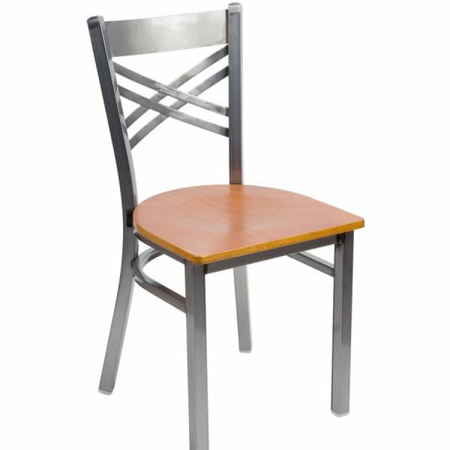 Restaurant Chairs * | Flash Sale Lancaster Table & Seating Clear Coat Steel Cross Back Chair With Cherry Wood Seat