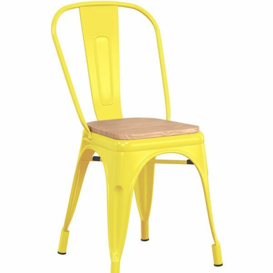 Restaurant Chairs * | Brand New Lt&S Alloy Series Lancaster Table & Seating Alloy Series Yellow Metal Indoor Industrial Cafe Chair With Vertical Slat Back And Natural Wood Seat