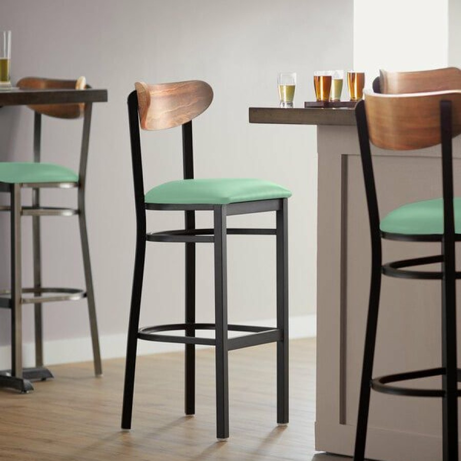 Restaurant Bar Stools * | New Lt&S Boomerang Series Lancaster Table & Seating Boomerang Bar Height Black Chair With Seafoam Vinyl Seat And Vintage Wood Back