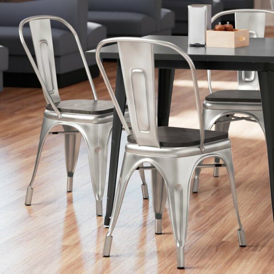 Restaurant Chairs * | Outlet Lt&S Alloy Series Lancaster Table & Seating Alloy Series Clear Coated Metal Indoor Industrial Cafe Chair With Vertical Slat Back And Black Wood Seat