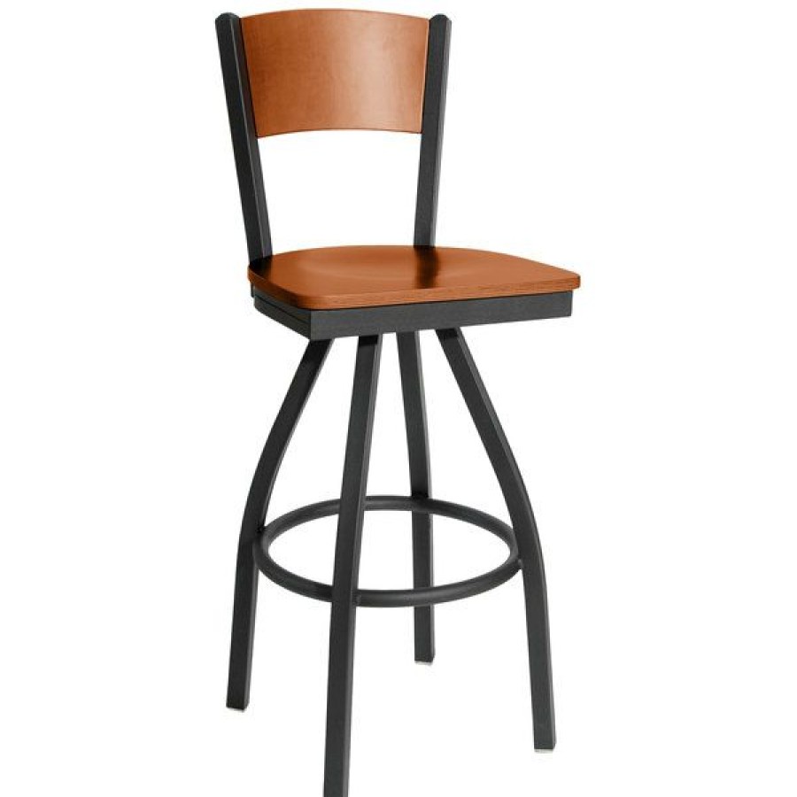 Restaurant Bar Stools * | Coupon Bfm Seating 2150Schw-Chsb Dale Sand Black Metal Swivel Bar Height Chair With Cherry Finish Wooden Back And Seat