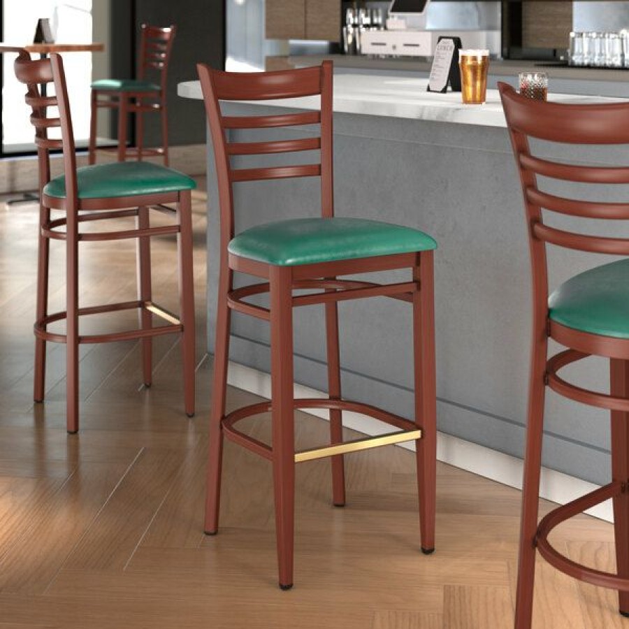 Restaurant Bar Stools * | Best Deal Lt&S Spartan Series Lancaster Table & Seating Spartan Series Bar Height Metal Ladder Back Chair With Mahogany Wood Grain Finish And Green Vinyl Seat