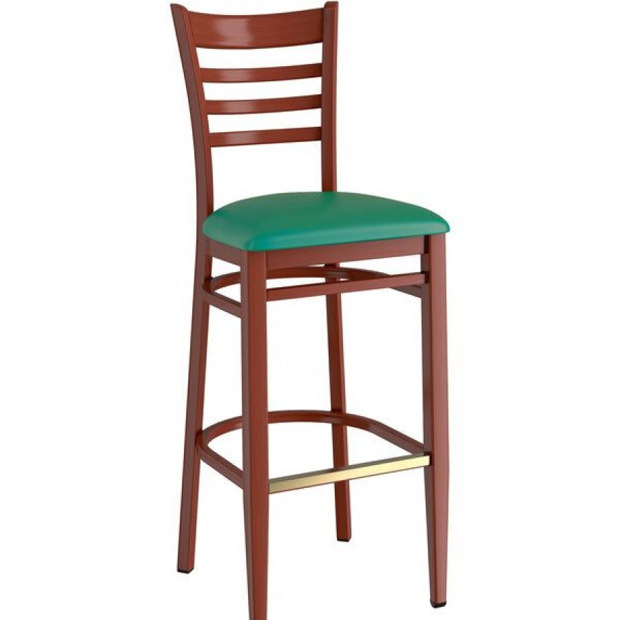 Restaurant Bar Stools * | Best Deal Lt&S Spartan Series Lancaster Table & Seating Spartan Series Bar Height Metal Ladder Back Chair With Mahogany Wood Grain Finish And Green Vinyl Seat