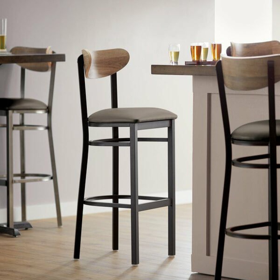 Restaurant Bar Stools * | New Lt&S Boomerang Series Lancaster Table & Seating Boomerang Bar Height Black Chair With Taupe Vinyl Seat And Driftwood Back