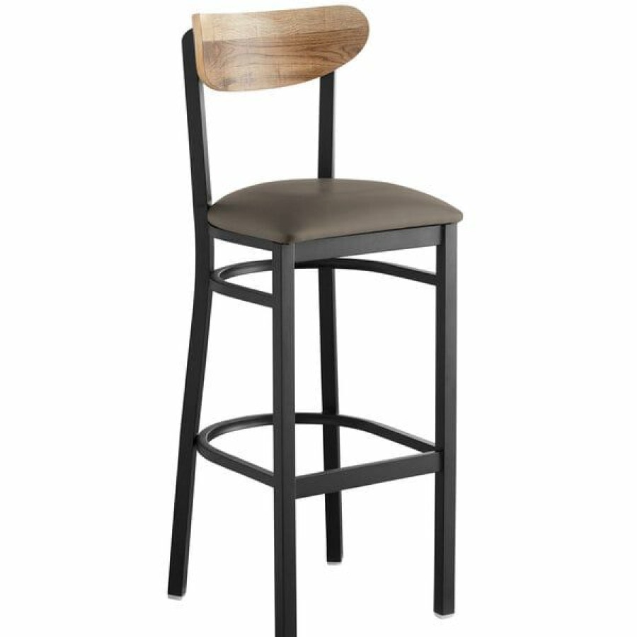 Restaurant Bar Stools * | New Lt&S Boomerang Series Lancaster Table & Seating Boomerang Bar Height Black Chair With Taupe Vinyl Seat And Driftwood Back