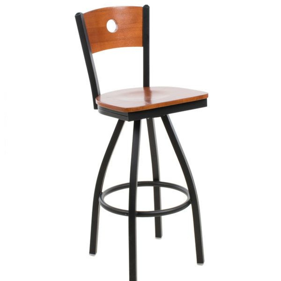 Restaurant Bar Stools * | Best Sale Bfm Seating 2152Schw-Chsb Darby Sand Black Metal Bar Height Chair With Cherry Wooden Back And Swivel Seat