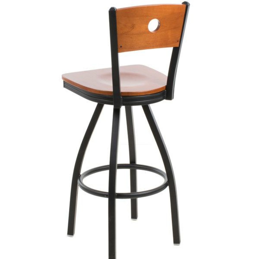 Restaurant Bar Stools * | Best Sale Bfm Seating 2152Schw-Chsb Darby Sand Black Metal Bar Height Chair With Cherry Wooden Back And Swivel Seat