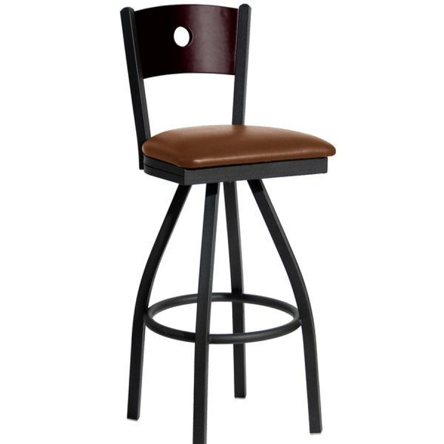 Restaurant Bar Stools * | Outlet Bfm Seating 2152Slbv-Mhsb Darby Sand Black Metal Bar Height Chair With Mahogany Wooden Back And 2 Light Brown Vinyl Swivel Seat