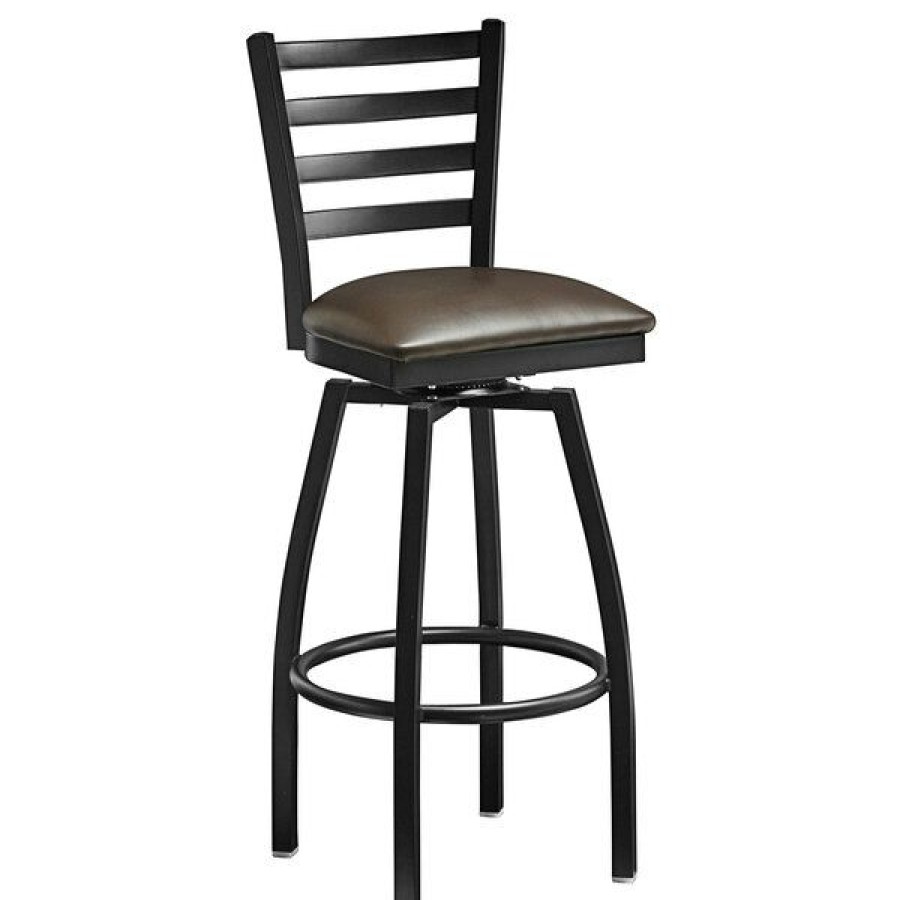 Restaurant Bar Stools * | Brand New Lancaster Table & Seating Black Top Frame Ladder Back Swivel Bar Height Chair With Dark Brown Padded Seat