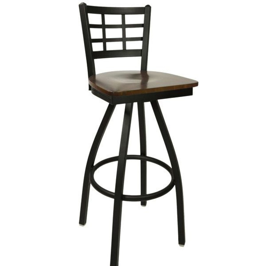 Restaurant Bar Stools * | Deals Bfm Seating 2163Swaw-Sb Marietta Sand Black Metal Swivel Bar Height Chair With Walnut Wood Seat