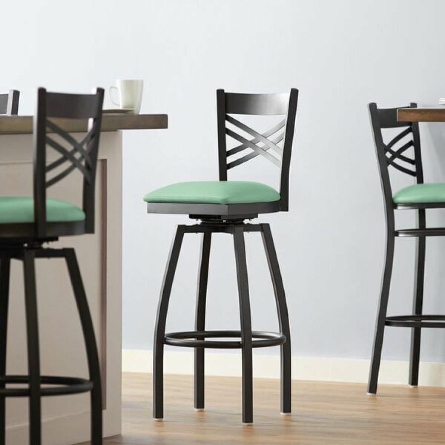 Restaurant Bar Stools * | Wholesale Lancaster Table & Seating Black Cross Back Swivel Bar Height Chair With Seafoam Padded Seat