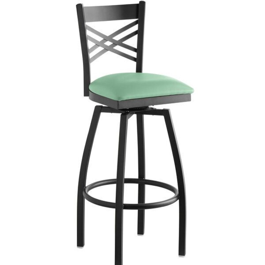 Restaurant Bar Stools * | Wholesale Lancaster Table & Seating Black Cross Back Swivel Bar Height Chair With Seafoam Padded Seat