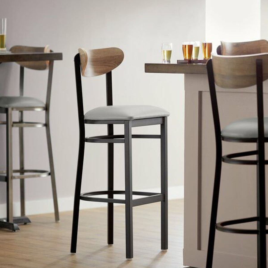 Restaurant Bar Stools * | Cheapest Lt&S Boomerang Series Lancaster Table & Seating Boomerang Bar Height Black Chair With Light Gray Vinyl Seat And Driftwood Back