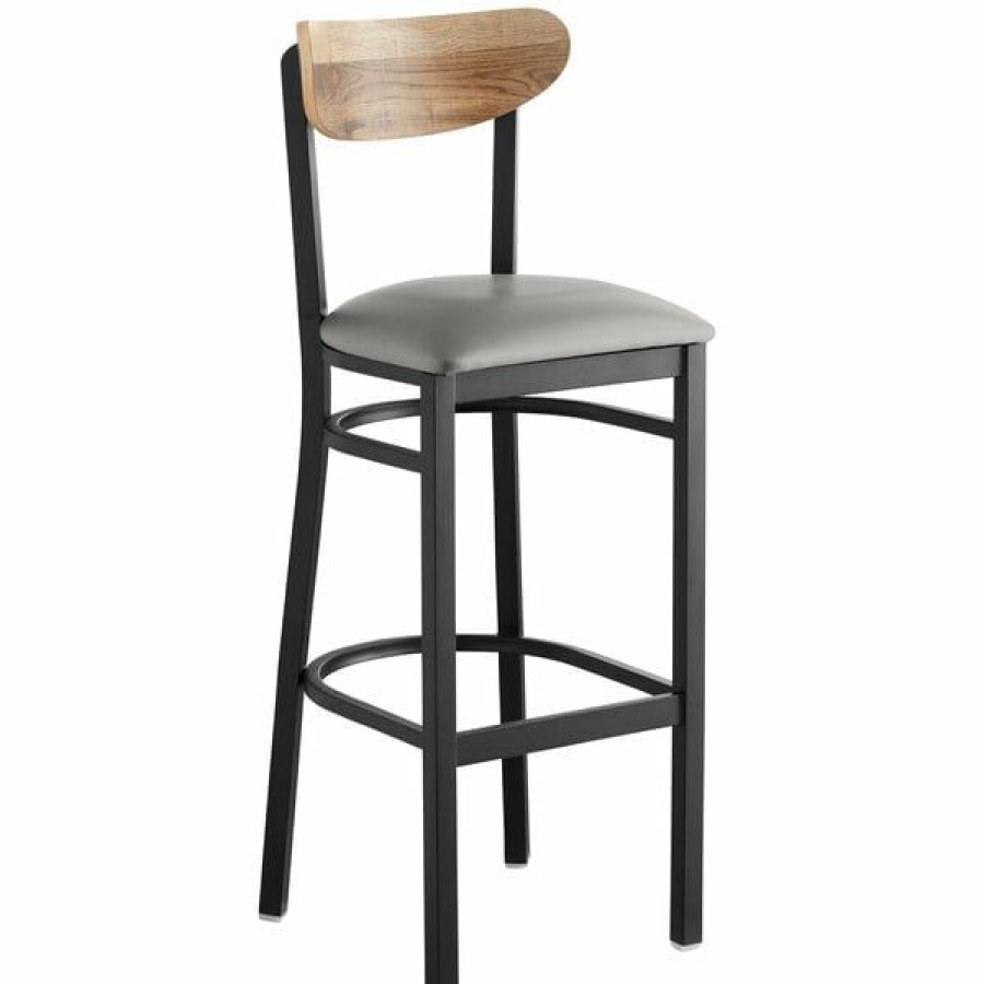 Restaurant Bar Stools * | Cheapest Lt&S Boomerang Series Lancaster Table & Seating Boomerang Bar Height Black Chair With Light Gray Vinyl Seat And Driftwood Back