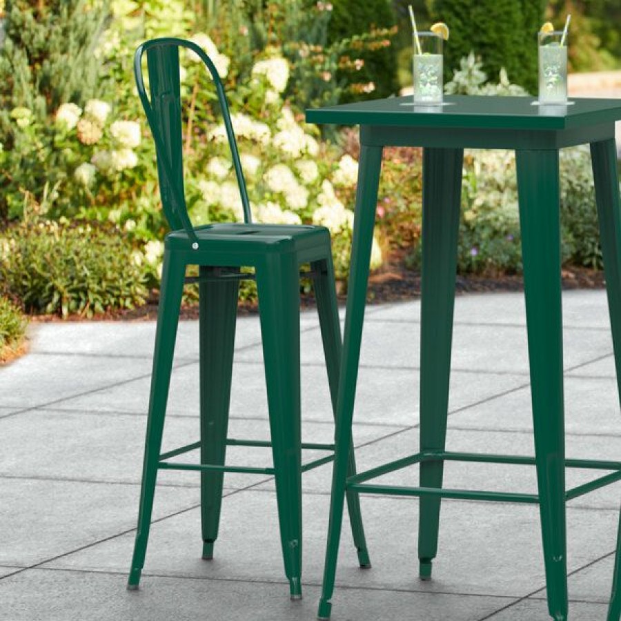 Outdoor Restaurant Bar Stools * | Wholesale Lt&S Alloy Series Lancaster Table & Seating Alloy Series Emerald Metal Indoor / Outdoor Industrial Cafe Barstool With Vertical Slat Back And Drain Hole Seat