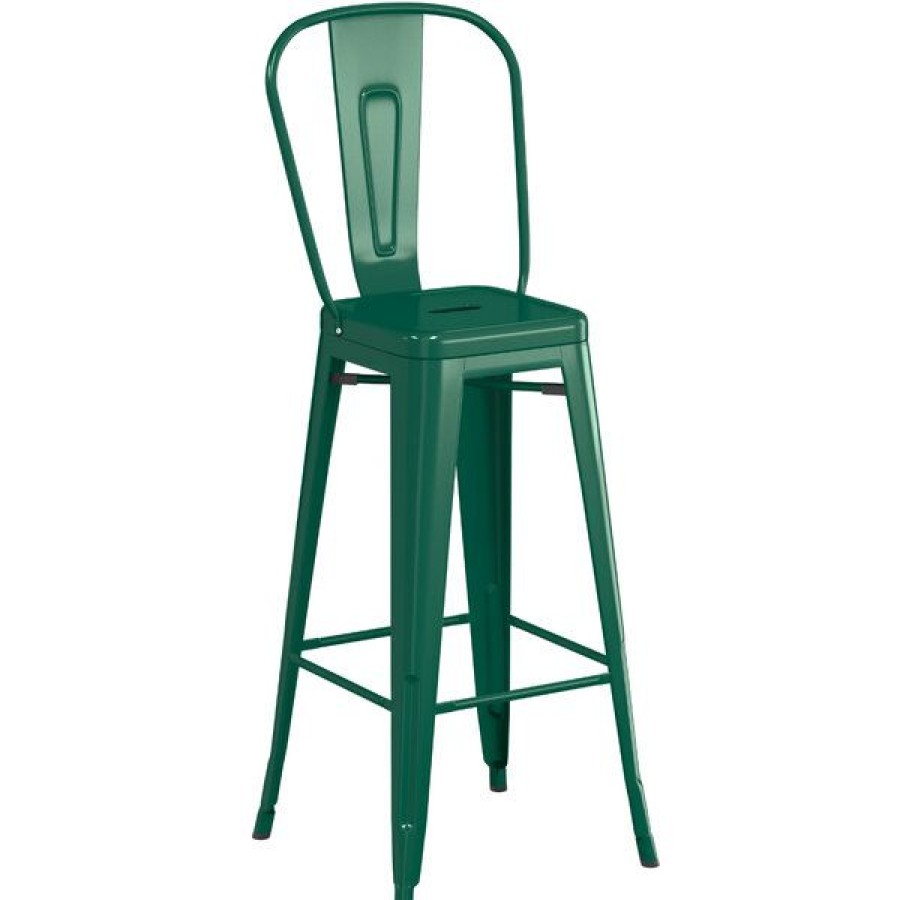 Outdoor Restaurant Bar Stools * | Wholesale Lt&S Alloy Series Lancaster Table & Seating Alloy Series Emerald Metal Indoor / Outdoor Industrial Cafe Barstool With Vertical Slat Back And Drain Hole Seat